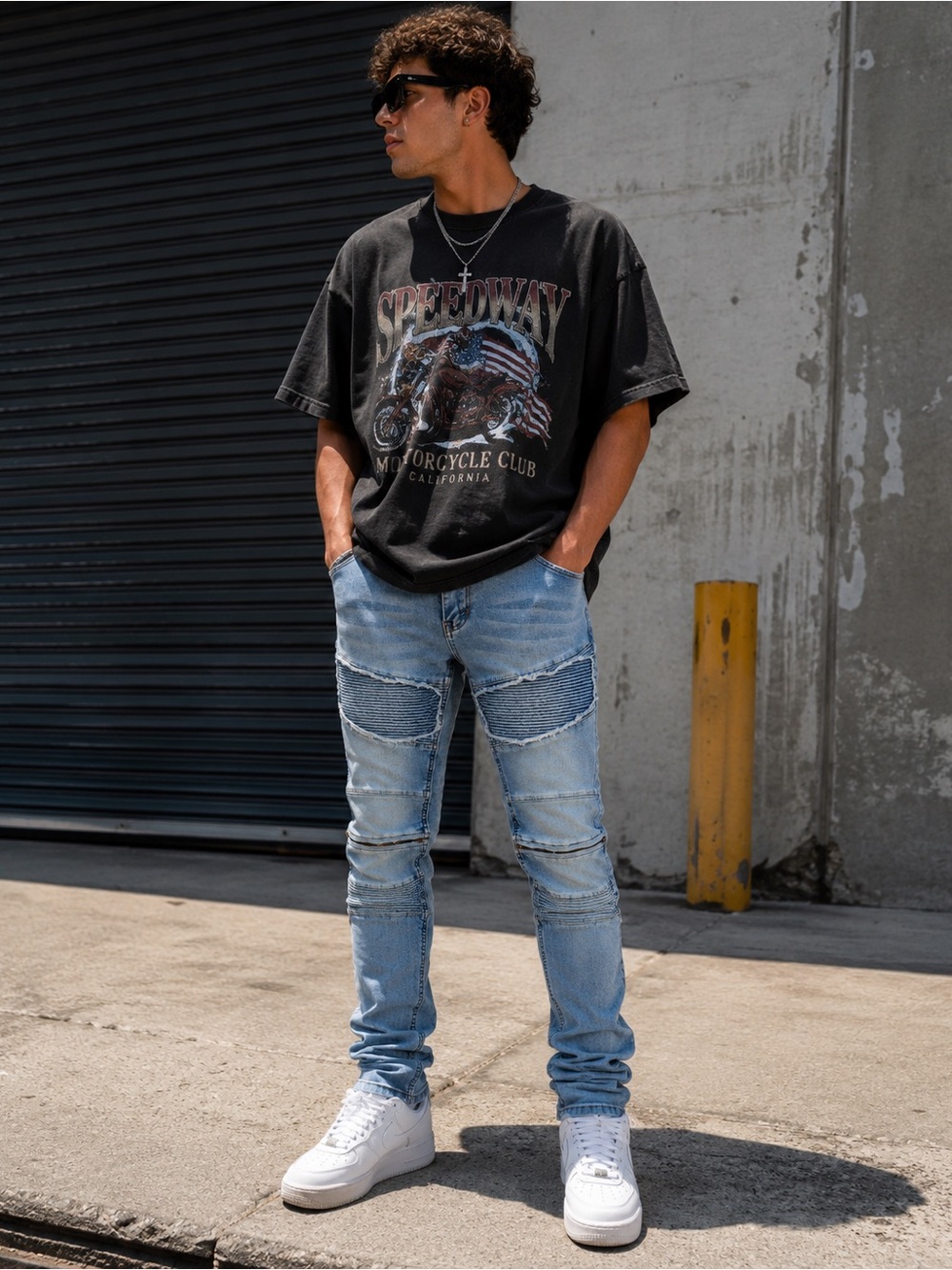 Ring of Fire Moto Biker Jeans Mens 30x32 Light Wash Slim Streetwear Denim
